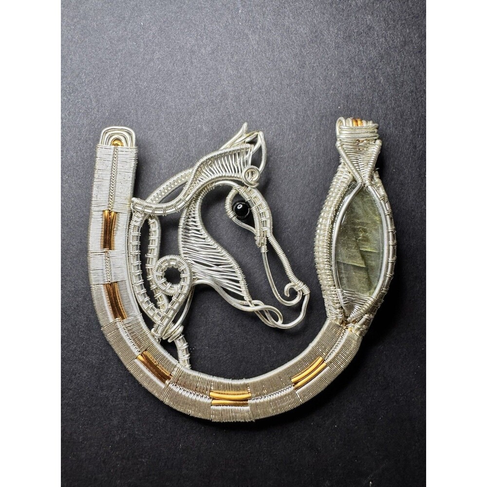 Sterling Silver Wire Horse Horseshoe Labradorite Onyx 22” Snake Chain Necklace